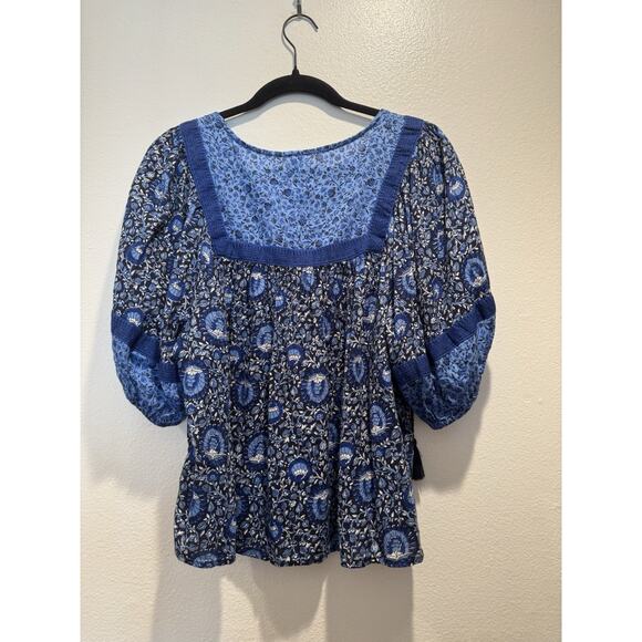 Old Navy Blue Floral Women’s Size Medium Peasant Top Boho Bohemian Tassels - Picture 2 of 6
